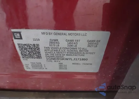 2020 Chevrolet Traverse Fwd Lt Cloth из США, поврежденный, VIN 1GNERGKW7LJ171890